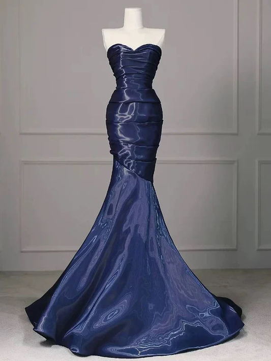 Gorgeous Strapless Navy Blue Evening Dress Ruched Mermaid Prom Party Dress cc2448