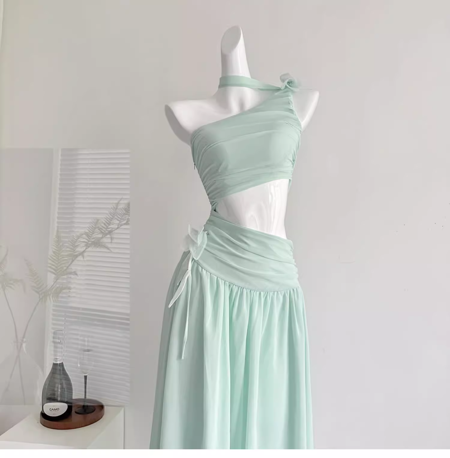 Sexy Mint Green One Shoulder Chiffon Vacation Dress Birthday Dress cc3053