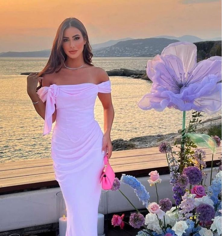 Elegant Pink Off The Shoulder Sheath Long Prom Dress Evening Dress cc2306