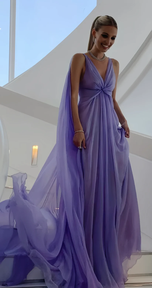 Sexy V Neck Lilac Tulle Prom Dress Long Party Evening Gown cc2087