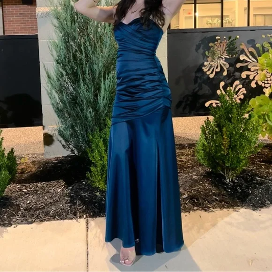 Navy Blue Strapless Satin Ruched Mermaid Evening Dress,Formal Prom Dress cc2566