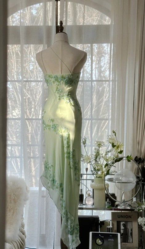 Glamorous Light green Chiffon Beaded Mermaid Evening Dress,One Shoulder Party Prom Dress cc2994