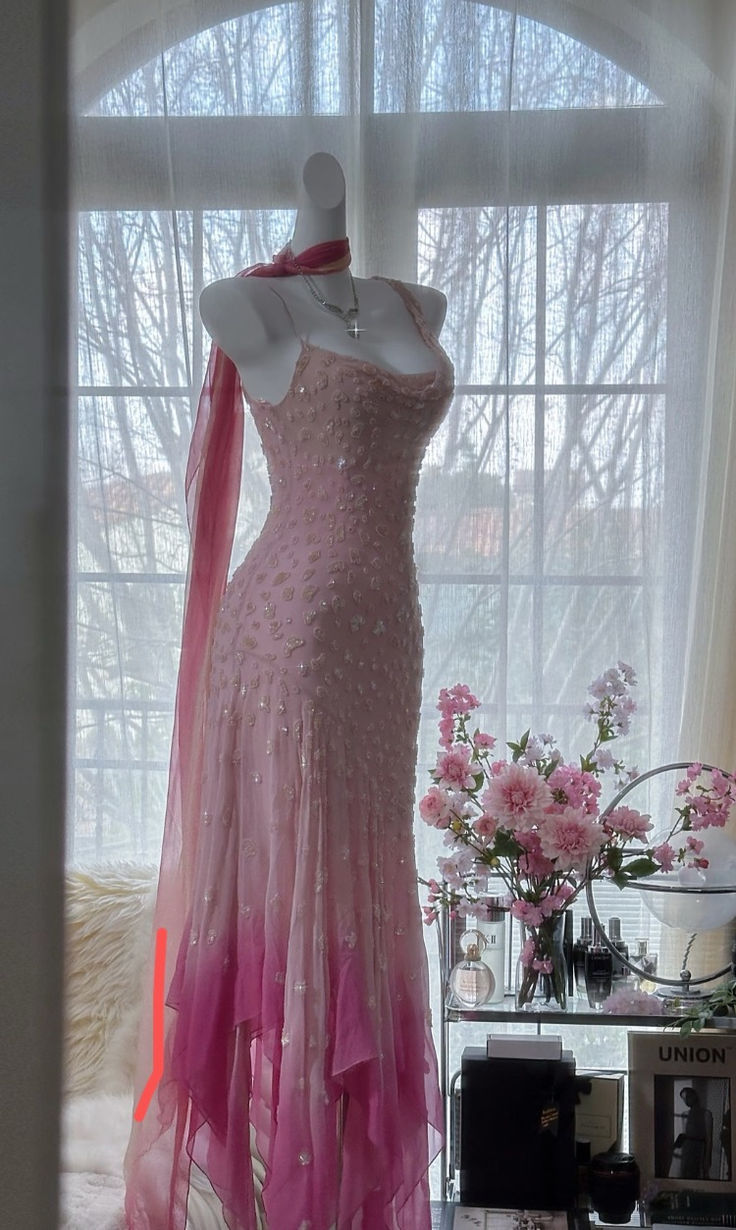 Luxury Pink Spaghetti Straps Chiffon Beaded Mermaid Evening Dress Prom Gown cc3028