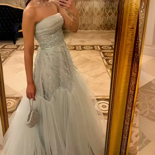 Classy Blue Tulle Sequins Evening Dress,Strapless Formal Prom Dress cc2628