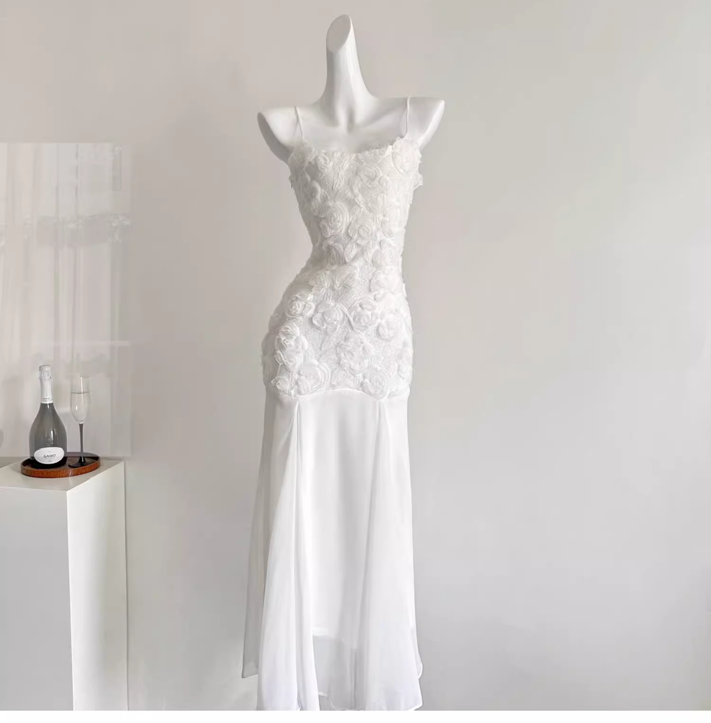 White Suspender Dress French Chiffon Waist Party Dress Mermaid Dress  cc3068