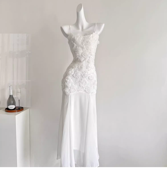White Suspender Dress French Chiffon Waist Party Dress Mermaid Dress  cc3068