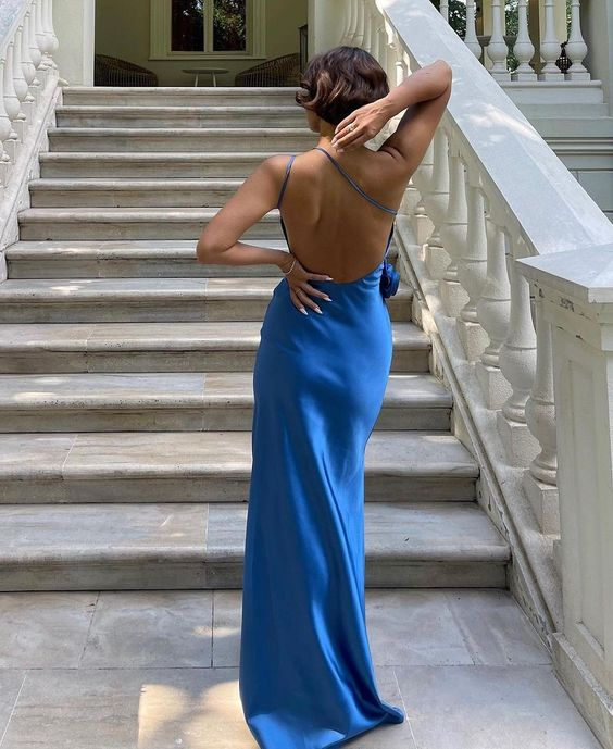 Sexy Royal Blue Backless Prom Dress Long Party Dress With Flowers cc2186