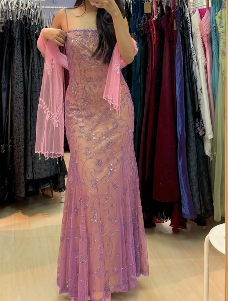 Gorgeous Spaghetti Straps Tulle Beaded Mermaid Evening Dress,Long Party Prom Dress cc2611