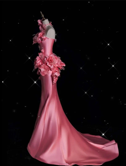 Elegant Pink Satin 3D Flowers Mermaid Evening Dress,Long Party Prom Dress cc2836