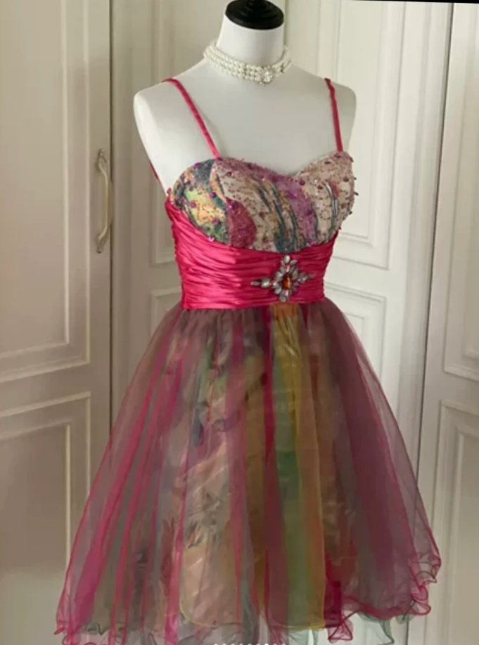 Unique Spaghetti Straps Tulle Sequin A Line Homecoming Dress Mini Party Dress cc3177
