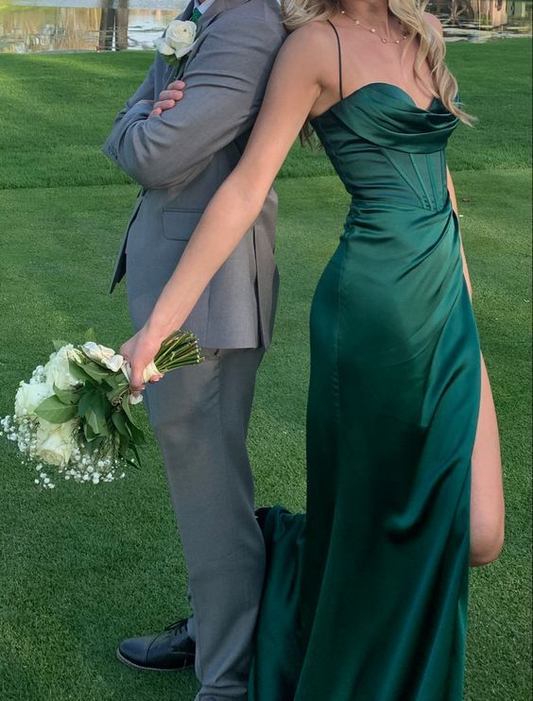 Pretty Mermaid Spaghetti Straps High Slit Prom Dress Dark Green Party Evening Gown cc1803