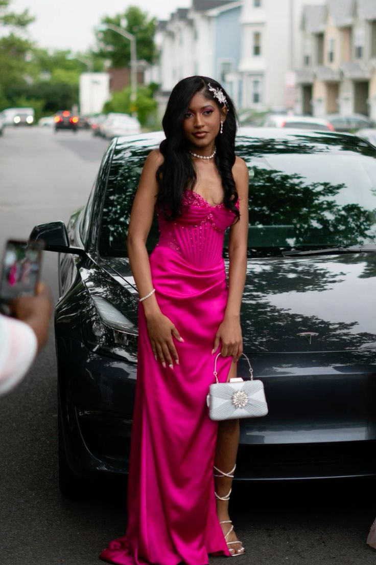 Cute Hot Pink Mermaid Slit Prom Dress Pleated  Party Evening Dress cc2316