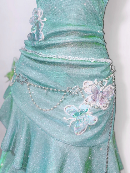 Classy Mini Green Spaghetti Straps Short Ruffle Birthday Dress 8th Grade Homecoming Dress cc3213