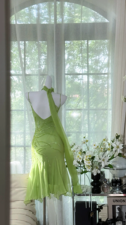 Beautiful Straps Chiffon Sequin Beaded Short Birthday Outfits Green Formal Graduation Homecoming Dress cc3340