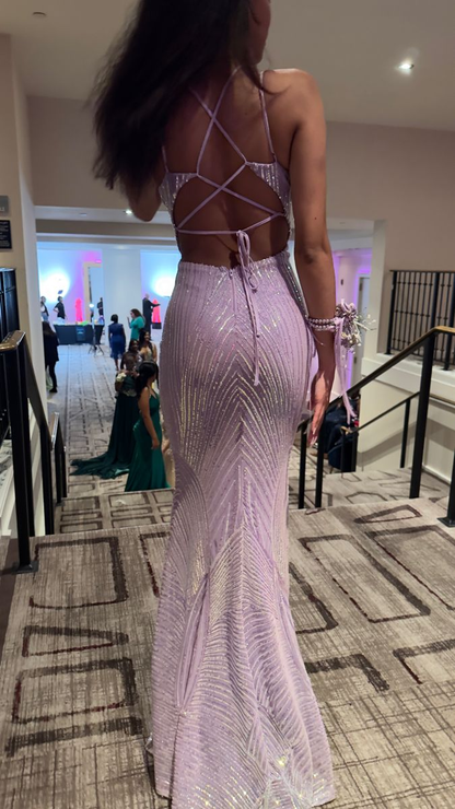 Luxury Lilac Spaghetti Straps Vneck Backless Evening Dress Mermaid Party Prom Dress cc2402