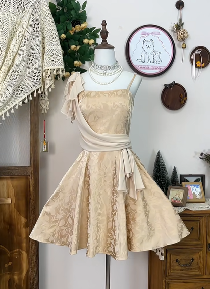 Vintage Champagne Satin Print Floral Birthday Outfits A Line Short Homecoming Dress cc3105