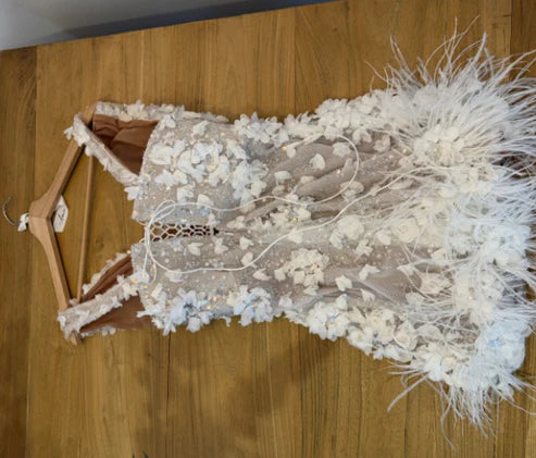 Elegant White Deep V Neck Sequined Floral Feather Fitted Birthday Dress Homecoming Dress cc4069