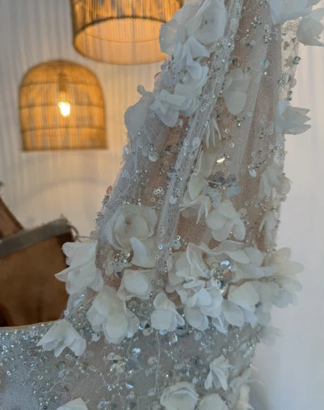 Elegant White Deep V Neck Sequined Floral Feather Fitted Birthday Dress Homecoming Dress cc4069