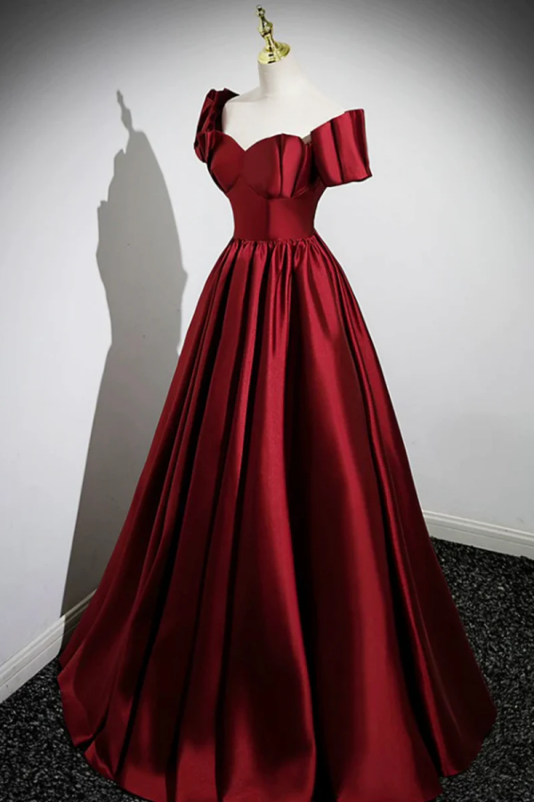 A Line Burgundy Satin Floor Length Prom Dress, Off the Shoulder New Party Dress cc1349