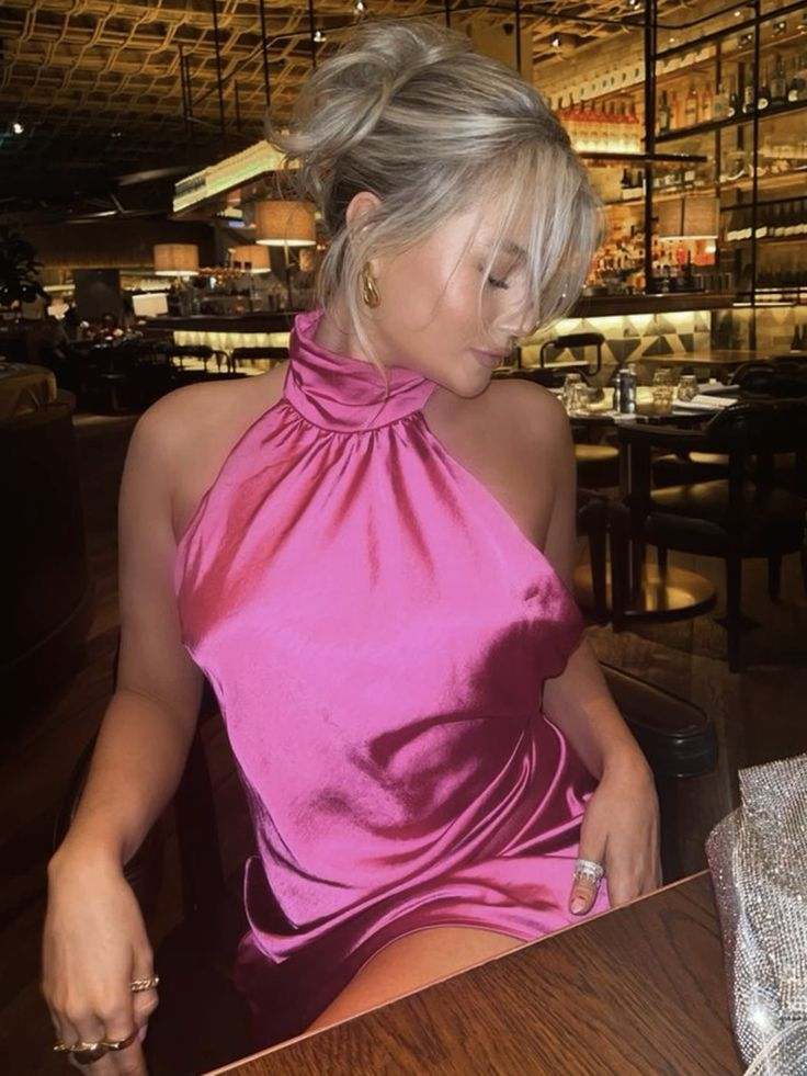 Sexy Halter Hot Pink Satin Sheath Birthday Dress Formal Short Homecoming Dress cc3496