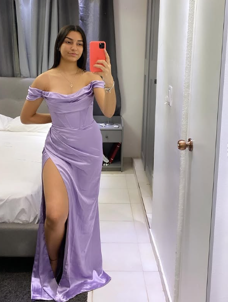 Classy Off The Shoulder Party Dress,Lilac Mermaid Slit Prom Dress Evening Dress cc2751