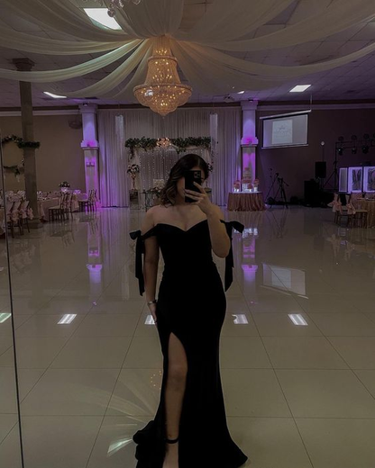 Off Shoulder Black Mermaid Long Evening Dress, Side Slit Prom Dress cc1258