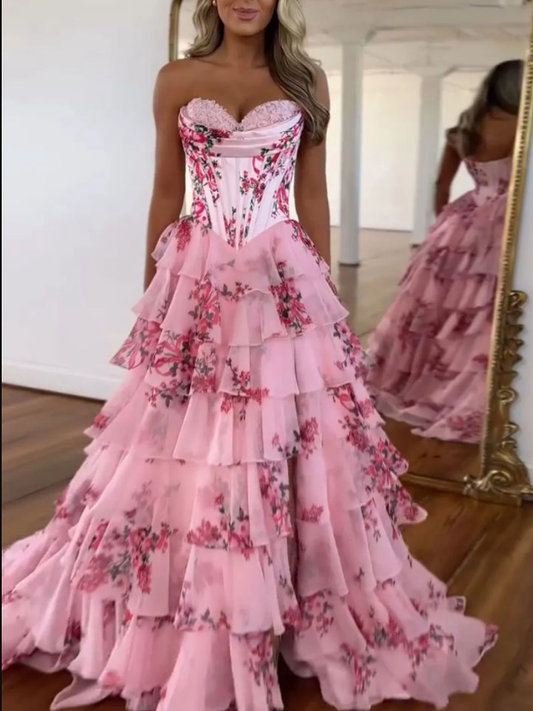 Beautiful Pink Chiffon Satin Print Floral Party Dress Multi-layered A Line Prom Evening Gown cc1886