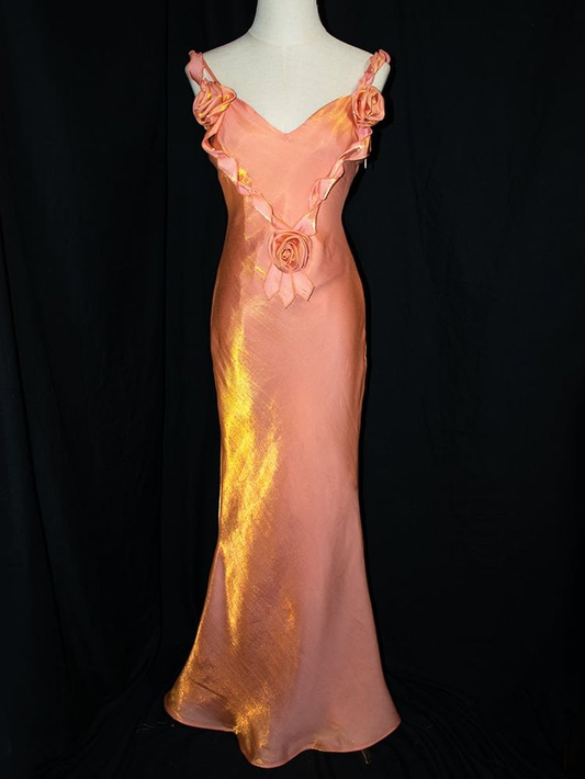 Charming Peach Pink Floral V-Neck Evening Gown Vintage Mermaid Prom Dress cc2670