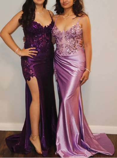 Purple Spaghetti Straps Mermaid Slit Evening Dress Prom Dress cc1987