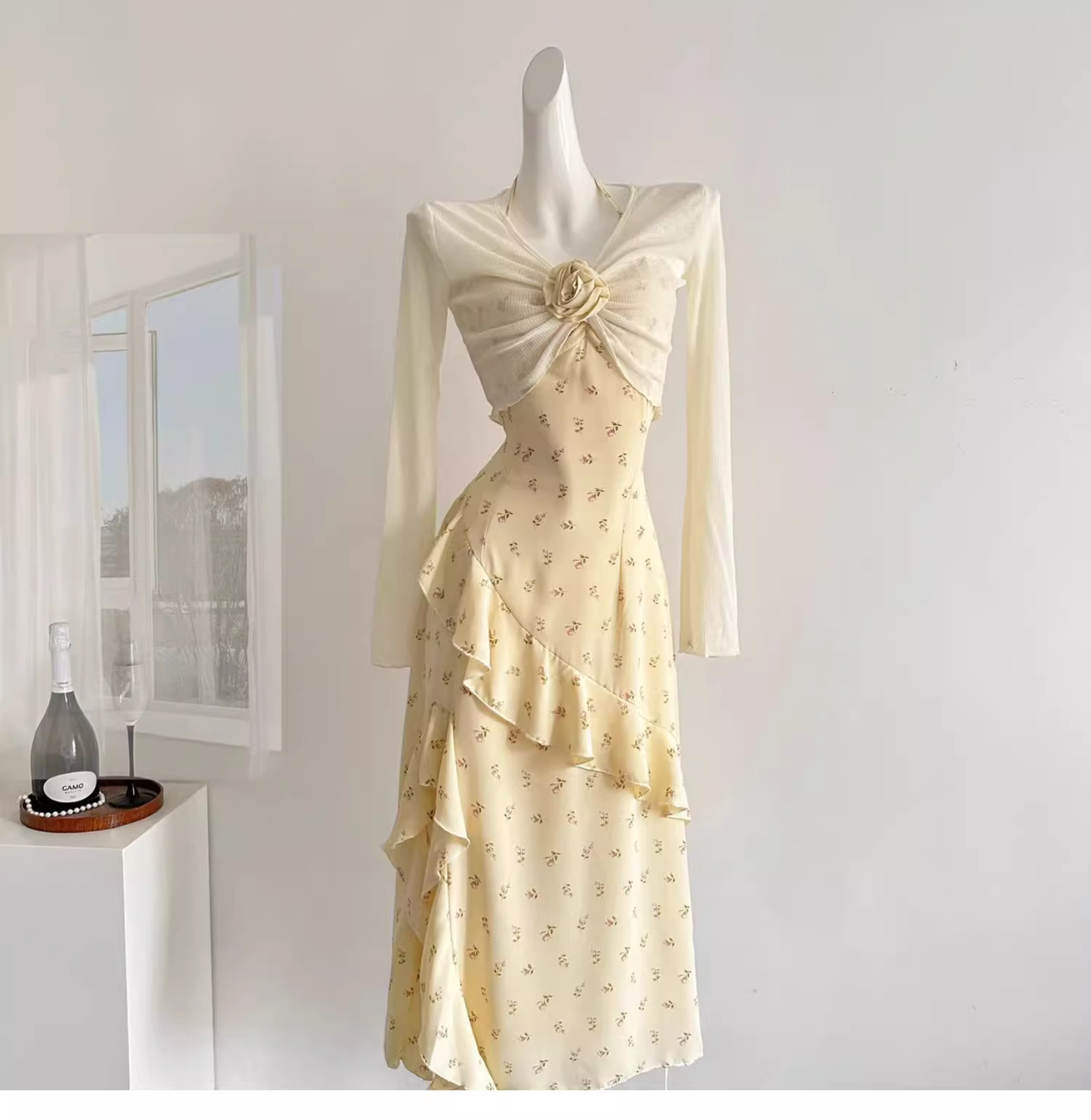 Sweet Slit Irregular Yellow Floral Vacation Dress Two-Piece  cc3059