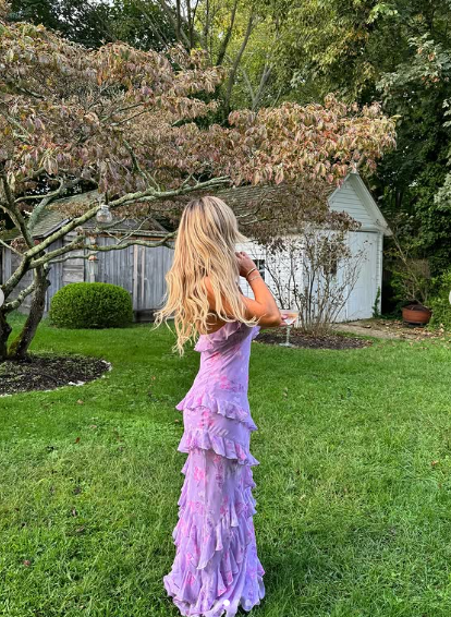 Elegant Purple Chiffon Print Floral Evening Dress,Ruffle Long Party Prom Dress cc2727