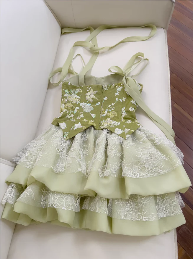 Pretty Green Satin Lace Short homecoming Dress Birthday Outfits cc3121