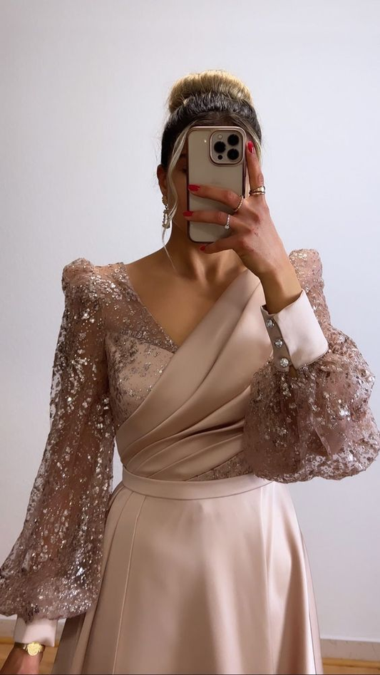 Champagne Evening Dress For Wedding Party V-Neck Satin Glitter Prom Dress Long Puffy Sleeves  cc685