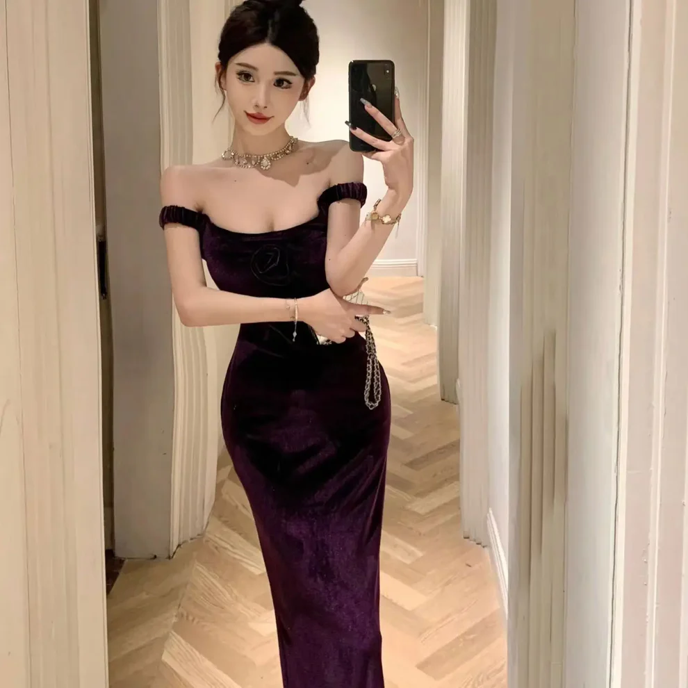 Purple Elegant Off Shoulder Mermaid Evening Dress,Velvet Slit Mermaid Party Prom Dress cc2604