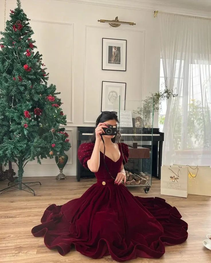 Dark Red Velvet V Neck Short Puff Sleeve Beaded A Line Floor Length Evening Dress cc600