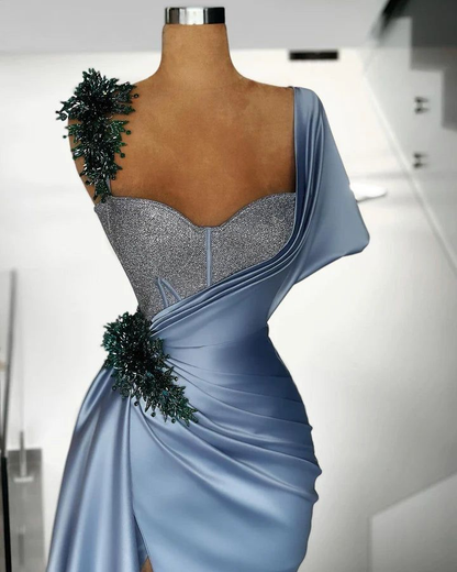 Elegant Blue Satin Mermaid Prom Dress Evening Dress With Beads  cc2969