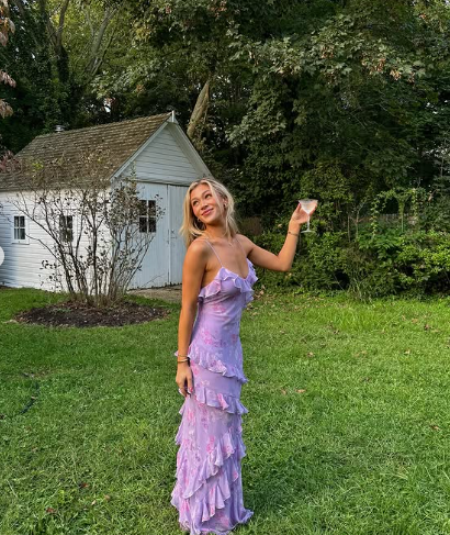 Elegant Purple Chiffon Print Floral Evening Dress,Ruffle Long Party Prom Dress cc2727