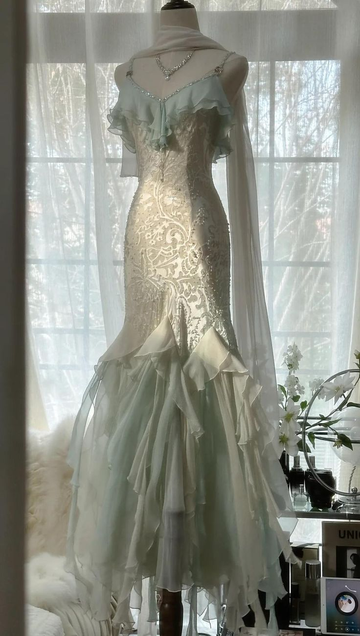 Classy Light Green Chiffon Beaded Mermaid Prom Dress,Spaghetti Straps Party Evening Dress cc2966
