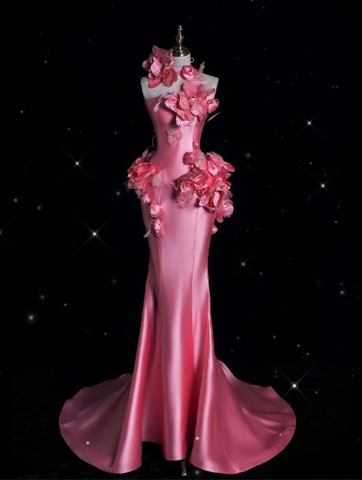 Pretty Pink Satin Mermaid Evening Dress,3D Flowers Long Party Prom Dress cc2803
