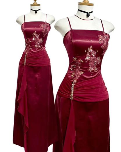 Burgundy Satin Beaded Chiffon Evening Dress Long Party Prom Dress cc2853