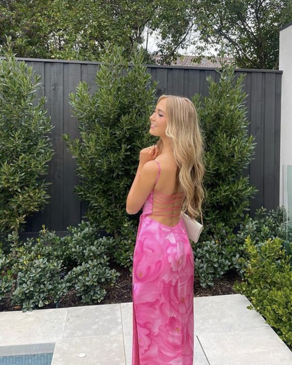 Beautiful Print Floral Pink Long Prom Dress Backless Party Evening Dress  cc1835