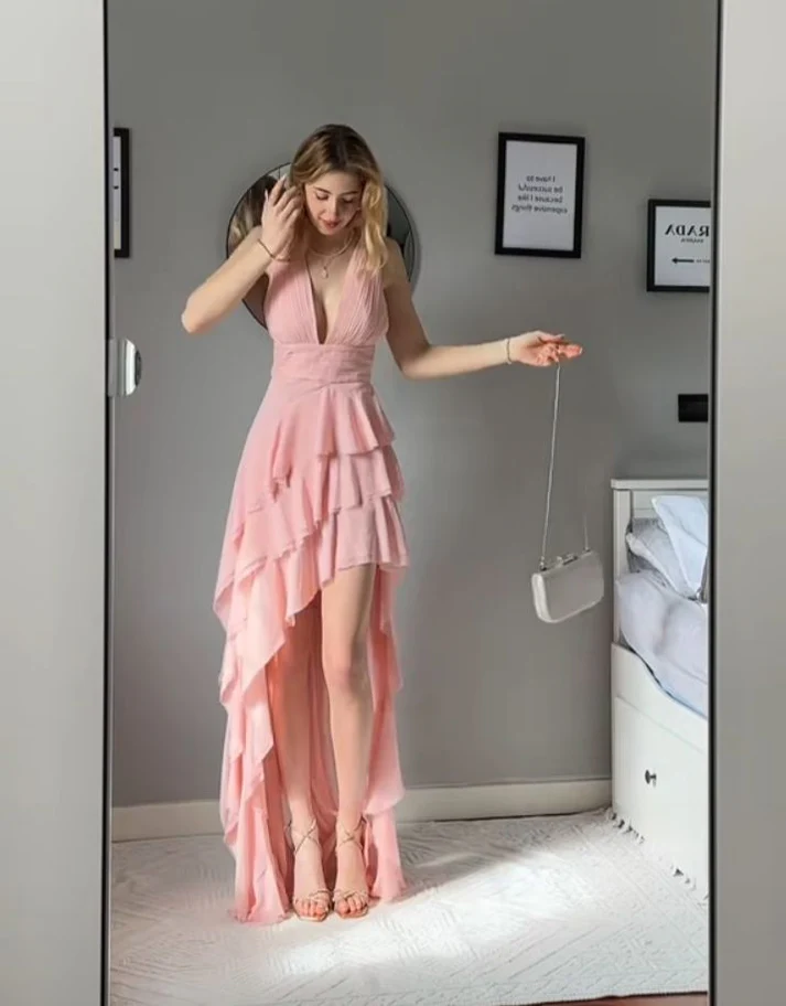 Pink Deep V Chiffon Ruffle Tiered Prom Dress Formal Party Evening Dress cc2525