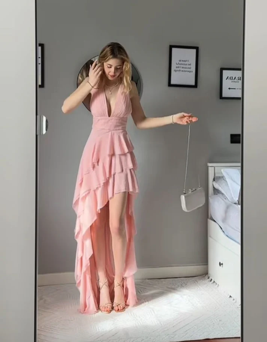 Pink Deep V Chiffon Ruffle Tiered Prom Dress Formal Party Evening Dress cc2525