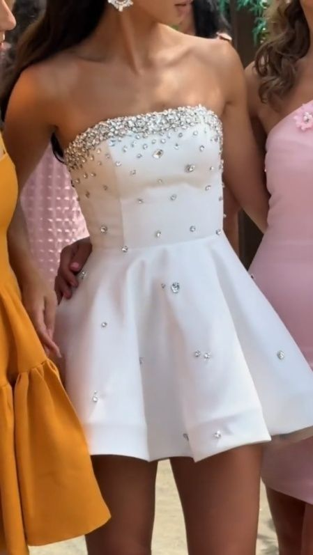 Gorgeous White Strapless Satin Beaded A Line Birthday Outfits Graduation Homecoming Dress cc3241