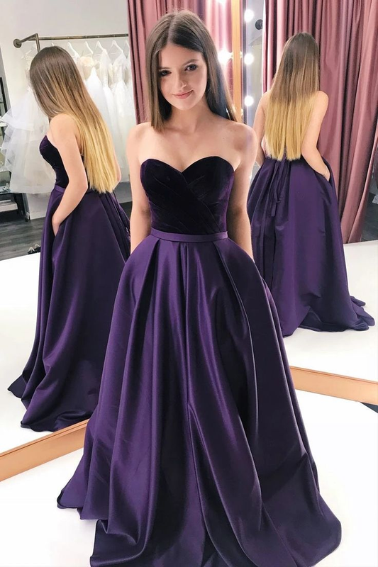 A-Line Purple Velvet Satin Sweetheart Long Prom Dresses With Pockets cc1029