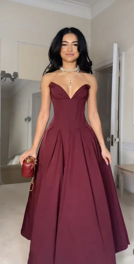 Burgundy Strapless Satin A Line Prom Dress Formal Evening Dress cc2272