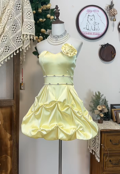 Sweet Strapless Satin Pleated Beaded Homecoming Dress Short A Line Birthday Outfits cc3106