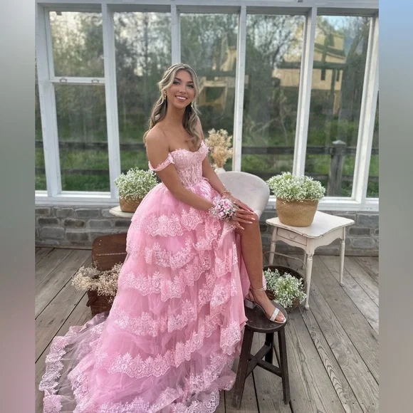 Charming Pink Off The Shoulder Lace Tulle Layered Evening Dress Formal Prom Dress cc2168