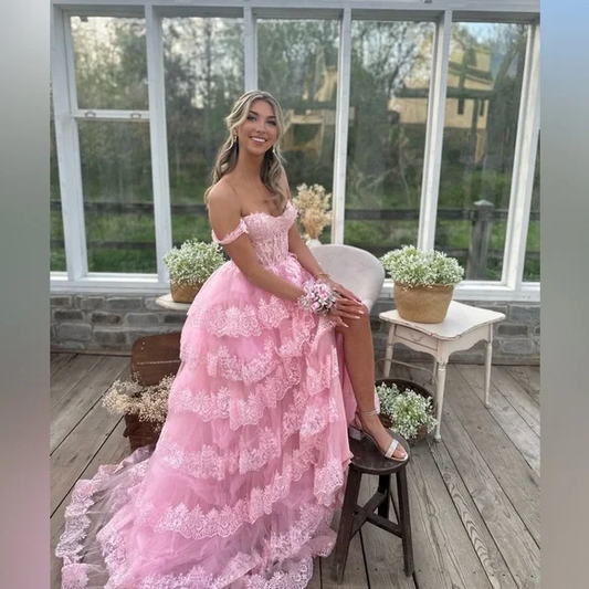 Charming Pink Off The Shoulder Lace Tulle Layered Evening Dress Formal Prom Dress cc2168