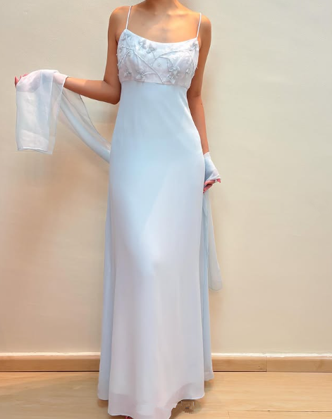 Pretty Light Blue Chiffon Applique Evening Dress,Straps Party Prom Gown cc2573